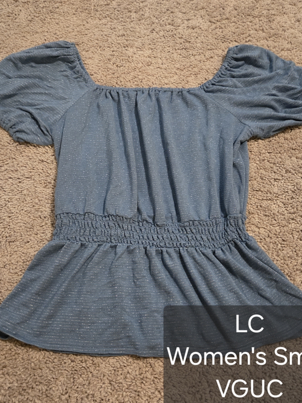 LC Lauren Conrad Dusty Blue Puff-Sleeve Smocked-Waist Top